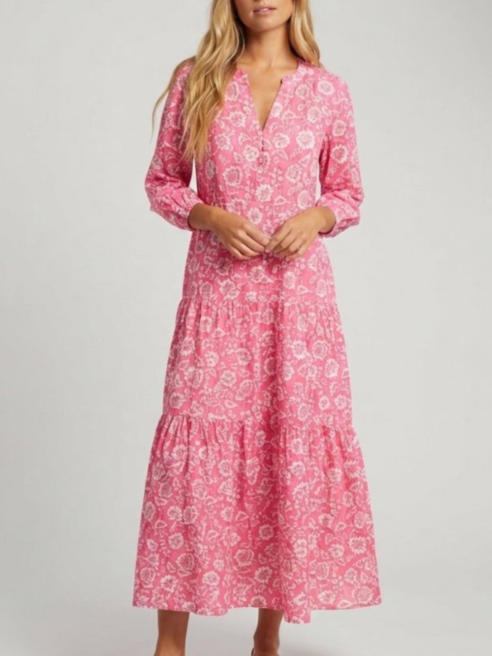 J. McLaughlin Pink Floral Linen Cotton Tiered Maxi Dress Size Small 8923